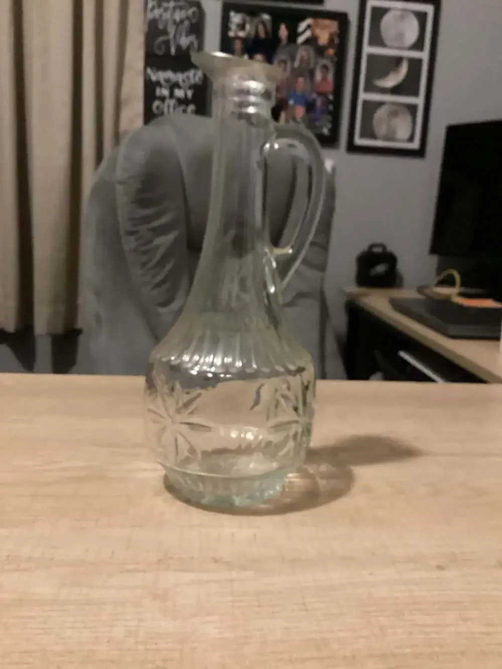 Vintage Clear Pressed Glass Starburst Pattern Decanter with Handle and Spout